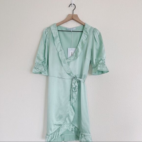 Hill House the Nima Silk Wrap Mini Dress in Mint size L - Picture 7 of 12